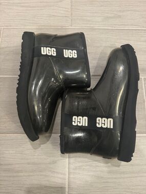 UGG Glossy Black Short Rain Boots with White Logo Strap